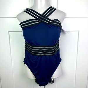 NWT Hilor One Piece Swimsuit Size 16 Navy Blue Black Sheer Straps